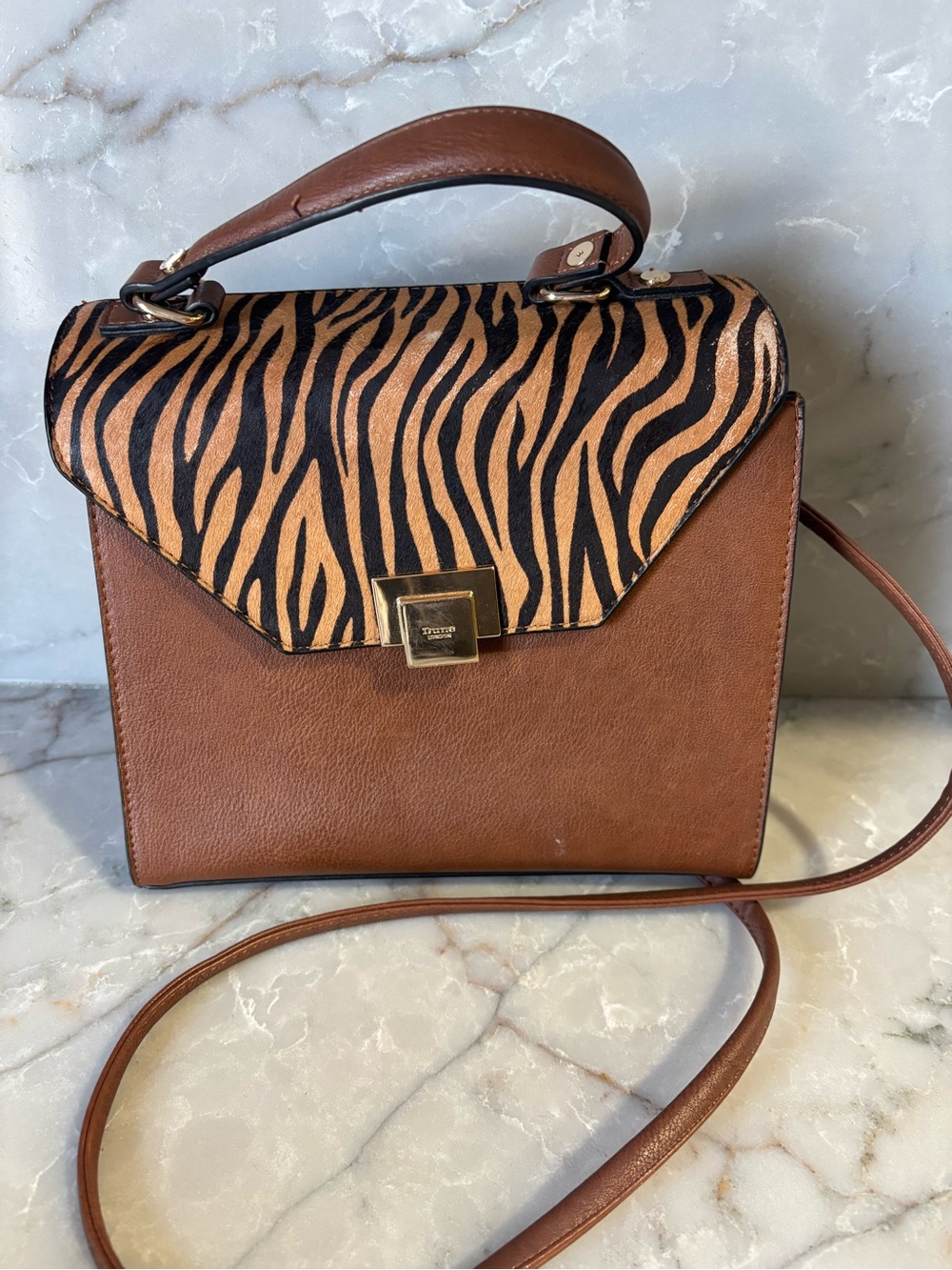 Dune London Brown Tiger-Print Top Handle Shoulder Bag